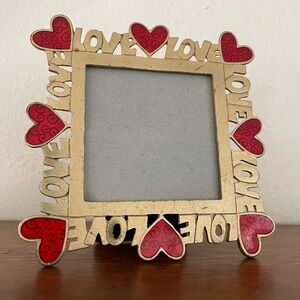 Vintage LOVE Picture Frame Gold Tone Metal w/ Red Hearts Valentines Day Photo